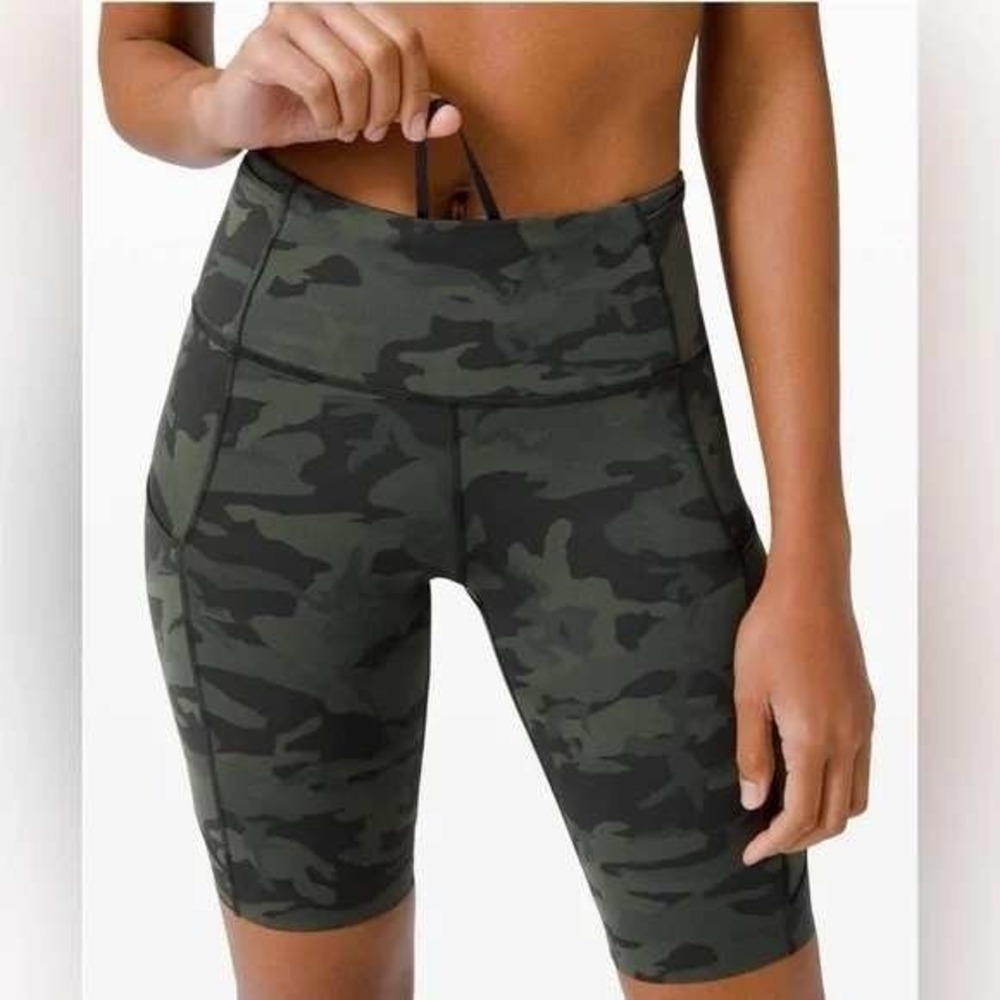 Lululemon Womens Fast and Free Bike Shorts Non-Reflective 10" Camo Green Size 4